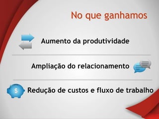 No que ganhamos

    Aumento da produtividade


 Ampliação do relacionamento


Redução de custos e fluxo de trabalho
 