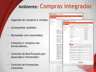 Ambiente: Compras         integradas

• Sugestão de compras e vendas;

• Acompanhar pedidos;

• Demandas com associados;

• Cotações e compras aos
  fornecedores;

• Controle de Bonificações por
  associado e fornecedor;

• Controle de Promoções
  conjuntas.
 