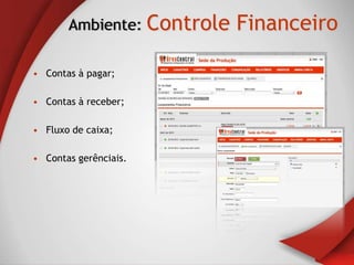 Ambiente: Controle   Financeiro

• Contas à pagar;

• Contas à receber;

• Fluxo de caixa;

• Contas gerênciais.
 