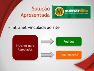 Solução
       Apresentada

• Intranet vinculada ao site


                                 Pedidos
    Intranet para
      Associados
                               Comunicação
 