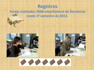 Registros
Foram realizados 2688 empréstimos de literaturas
neste 1º semestre de 2013.
 