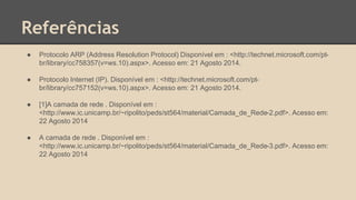 Referências 
● Protocolo ARP (Address Resolution Protocol) Disponível em : <http://technet.microsoft.com/pt-br/ 
library/cc758357(v=ws.10).aspx>. Acesso em: 21 Agosto 2014. 
● Protocolo Internet (IP). Disponível em : <http://technet.microsoft.com/pt-br/ 
library/cc757152(v=ws.10).aspx>. Acesso em: 21 Agosto 2014. 
● [1]A camada de rede . Disponível em : 
<http://www.ic.unicamp.br/~ripolito/peds/st564/material/Camada_de_Rede-2.pdf>. Acesso em: 
22 Agosto 2014 
● A camada de rede . Disponível em : 
<http://www.ic.unicamp.br/~ripolito/peds/st564/material/Camada_de_Rede-3.pdf>. Acesso em: 
22 Agosto 2014 
