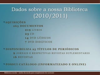 sensibilizar para a importância da colaboração de todos na promoção da leitura.Dados sobre a nossa Biblioteca (2010/2011)Aquisições263 documentos219livros23CD14 DVD lúdicos7 DVD didáticosDisponibiliza 25 títulos de periódicos9jornais e respectivas revistas suplementares16revistasPossui Catálogo (informatizado e online)Biblioteca escolar - núcleo da escola para complemento do currículo