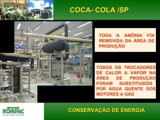 CCOOCCAA-- CCOOLLAA //SSPP 
TODA A AMÔNIA FOI 
REMOVIDA DA ÁREA DE 
PRODUÇÃO 
TODOS OS TROCADORES 
DE CALOR A VAPOR NA 
ÁREA DE PRODUÇÃO 
FORAM SUBSTITUIDOS 
POR ÁGUA QUENTE DOS 
MOTORES A GÁS 
Ricardo Menezes Out 2007 CONSERVAÇÃO DDEE EENNEERRGGIIAA 
 