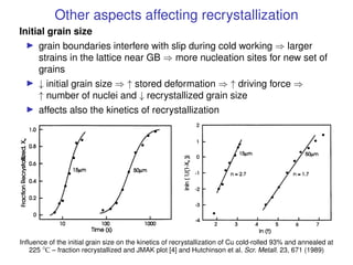 Other aspects affecting recrystallization
Initial grain size
I grain boundaries interfere with slip during cold working ⇒ ...
