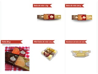 7898956405016
7898956405030
20 dias
7898956405054 15 diasDoce de leite
Bolo de rolo 1 kg Bolo de rolo 500 g
Goiaba
7898956405214Chocolate
Doce de leite
CX com 50 un
Mini bolo de rolo 100 g Bombom de bolo de rolo
Goiaba
7898956405283
20 dias
15 dias
Chocolate
Doce de leite 2 unidades
Fatia 80 g
*Encomendas exclusivas para venda à grannel em restaurantes,
confeiteiras e pontos similares.
 