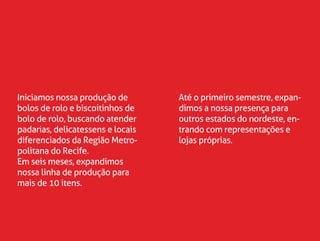 Iniciamos nossa produção de
bolos de rolo e biscoitinhos de
bolo de rolo, buscando atender
padarias, delicatessens e locais
diferenciados da Região Metro-
politana do Recife.
Em seis meses, expandimos
nossa linha de produção para
mais de 10 itens.
Até o primeiro semestre, expan-
dimos a nossa presença para
outros estados do nordeste, en-
trando com representações e
lojas próprias.
 