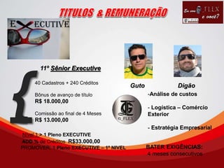 11º Sênior Executive
40 Cadastros + 240 Créditos
Bônus de avanço de título
R$ 18.000,00
Comissão ao final de 4 Meses
R$ 13.000,00
-Análise de custos
- Logística – Comércio
Exterior
- Estratégia Empresarial
Nível 1 > 1 Pleno EXECUTIVE
ADD % de Créditos R$33.000,00
PROMOVER: 1 Pleno EXECUTIVE – 1º NIVEL
{ DigãoGuto
BATER EXIGÊNCIAS:
4 meses consecutivos
 
