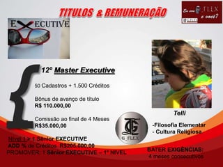12º Master Executive
50 Cadastros + 1.500 Créditos
Bônus de avanço de título
R$ 110.000,00
Comissão ao final de 4 Meses
R$35.000,00 -Filosofia Elementar
- Cultura Religiosa
Nível 1 > 1 Sênior EXECUTIVE
ADD % de Créditos R$205.000,00
PROMOVER: 1 Sênior EXECUTIVE – 1º NIVEL
Telli
BATER EXIGÊNCIAS:
4 meses consecutivos
 