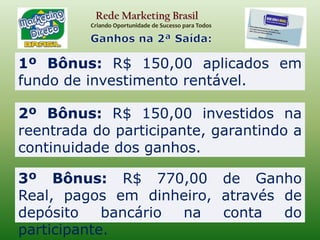 Rede Marketing BrasilCriando Oportunidade de Sucesso para TodosQUALIFICAÇÃOA fim de se qualificar para um Ciclo de Comissões e/ou para Recebimento de Pagamentos Residuais, o Associado Independente deverá fazer duas indicações pessoais (Qualificação Definitiva). Essas duas indicações devem ser feitas, para garantir a continuidade do sistema. Uma vez que o SMDB não exige que você faça compras nem vendas mensais, esta Qualificação tem o objetivo de manter a sua base de Associados, totalmente ativa e envolvida no negócio, fazendo com que todos consigam alcançar os objetivos almejados. V O C ÊQualificaçãoDefinitiva12Todas as “Comissões Não Qualificadas,”  terão retidos  R$ 310,00  do  3º Bônus,  para o pagamento do cadastro de 2 novos participantes que qualificarão o participante em questão e este receberá somente R$ 60,00 do Bônus de Ganho Real.