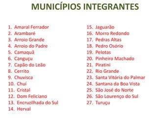 MUNICÍPIOS INTEGRANTES
1. Amaral Ferrador        15.   Jaguarão
2. Arambaré               16.   Morro Redondo
3. Arroio Grande          17.   Pedras Altas
4. Arroio do Padre        18.   Pedro Osório
5. Camaquã                19.   Pelotas
6. Canguçu                20.   Pinheiro Machado
7. Capão do Leão          21.   Piratini
8. Cerrito                22.   Rio Grande
9. Chuvisca               23.   Santa Vitória do Palmar
10. Chuí                  24.   Santana da Boa Vista
11. Cristal               25.   São José do Norte
12. Dom Feliciano         26.   São Lourenço do Sul
13. Encruzilhada do Sul   27.   Turuçu
14. Herval
 