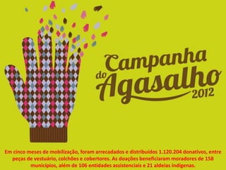 Em cinco meses de mobilização, foram arrecadados e distribuídos 1.120.204 donativos, entre
  peças de vestuário, colchões e cobertores. As doações beneficiaram moradores de 158
          municípios, além de 106 entidades assistenciais e 21 aldeias indígenas.
 