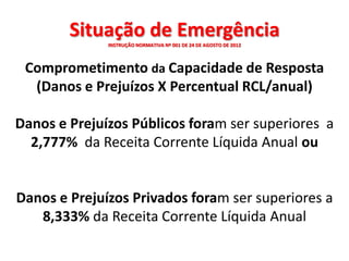 Situação de Emergência
              INSTRUÇÃO NORMATIVA Nº 001 DE 24 DE AGOSTO DE 2012



 Comprometimento da Capacidade de Resposta
  (Danos e Prejuízos X Percentual RCL/anual)

Danos e Prejuízos Públicos foram ser superiores a
  2,777% da Receita Corrente Líquida Anual ou


Danos e Prejuízos Privados foram ser superiores a
   8,333% da Receita Corrente Líquida Anual
 