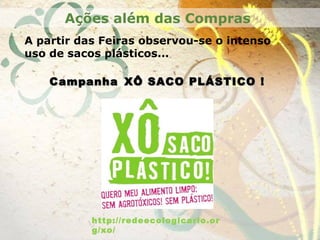 CampanhaCampanha XÔ SACO PLÁSTICO !XÔ SACO PLÁSTICO !
Ações além das Compras
http://redeecologicario.or
g/xo/
A partir das Feiras observou-se o intenso
uso de sacos plásticos...
 
