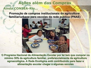 O Programa Nacional de Alimentação Escolar por lei tem que comprar noO Programa Nacional de Alimentação Escolar por lei tem que comprar no
mínimo 30% da agricultura familiar, preferencialmente da agriculturamínimo 30% da agricultura familiar, preferencialmente da agricultura
agroecológica. A Rede Ecológica está contribuindo para fazer aagroecológica. A Rede Ecológica está contribuindo para fazer a
alimentação escolar chegar à algumas escolasalimentação escolar chegar à algumas escolas
Promoção de compras institucionais da agriculturaPromoção de compras institucionais da agricultura
familiar/urbana para escolas da rede pública (PNAE)familiar/urbana para escolas da rede pública (PNAE)
Ações além das Compras
Ainda CONSEA-Rio...
 