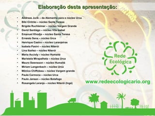 • Andreas Junk – da Alemanha para o núcleo Urca
• Bibi Cintrão – núcleo Santa Teresa
• Brígida Ruchleimer – núcleo Vargem Grande
• David Santiago – núcleo Vila Isabel
• Emanuel Khodja – núcleo Santa Teresa
• Ernesto Sena – núcleo Urca
• Henrique Castro – núcleo Laranjeiras
• Isabela Pasini – núcleo Niterói
• Lina Ibañez – núcleo Niterói
• Maria Accioly – núcleo Humaitá
• Maristela Mirapalheta – núcleo Urca
• Mauro Swensson – núcleo Humaitá
• Miriam Langenbach – núcleo Urca
• Mônica Chiffoleau – núcleo Vargem grande
• Paula Carmona – núcleo Urca
• Paulo Jansen – núcleo Botafogo
• Rosangela Laranja – núcleo Niterói (Ingá)
Elaboração desta apresentação:Elaboração desta apresentação:
www.redeecologicario.org
 