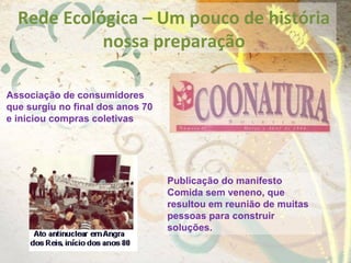 Rede Ecológica – Um pouco de história
nossa preparação
Associação de consumidores
que surgiu no final dos anos 70
e iniciou compras coletivas
Publicação do manifesto
Comida sem veneno, que
resultou em reunião de muitas
pessoas para construir
soluções.
 