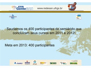 Saudamos os 400 participantes do semiárido que
    concluíram seus cursos em 2011 e 2012!


Meta em 2013: 400 participantes
 