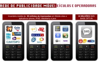 REDE DE PUBLICIDADE MÓVEL VEÍCULOS E OPERADORAS Inventário mobile de  30 milhões de impressões  em Mobile sites e aplicativos iphone, IPAD, blackberry e java 24 MILHÕES  SMS BASE OPT-IN 
