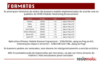 Os principais formatos de mídia são banners mobile implementados de acordo com os padrões da MMA (Mobile Marketing Association): Aplicativo iPhone: Mobile Banner Expansível – 320x50 (6k, Jpeg ou Png ou Gif, informação clique e arraste) + 320x430 (até 10k, Jpeg ou Png) Os banners podem ser animados, mas devem ter obrigatoriamente a versão estática  OBS: A contabilização de impressões por terceiros, só ode ser feita através de redirect. Não veiculamos pixel contador.  FORMATOS 