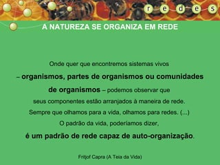 A NATUREZA SE ORGANIZA EM REDE Onde quer que encontremos sistemas vivos  –  organismos, partes de organismos ou comunidades de organismos  – podemos observar que  seus componentes estão arranjados à maneira de rede.  Sempre que olhamos para a vida, olhamos para redes. (...)  O padrão da vida, poderíamos dizer,  é um padrão de rede capaz   de auto-organização . Fritjof Capra (A Teia da Vida)‏ 
