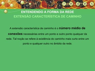 A extensão característica de caminho é o  número médio de conexões  necessárias entre um ponto e outro ponto qualquer da rede. Tal noção se refere à existência do caminho mais curto entre um ponto e qualquer outro no âmbito da rede. ENTENDENDO A FORMA DA REDE EXTENSÃO CARACTERÍSTICA DE CAMINHO 