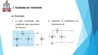 7. TEOREMA DE THÉVENIN
 Exemplo:
1. A parte sombreada será
substituída pelo equivalente
de Thévenin.
2. Retirando 𝑅𝐿 identificamos os
terminais a e b.
 