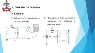 7. TEOREMA DE THÉVENIN
 Exemplo:
4. Devolvemos a fonte ao circuito e
calculamos 𝑉𝑇ℎ utilizando o
divisor de tensão.
3. Calculando 𝑅𝑇ℎ curto-circuitando
a fonte de tensão.
 