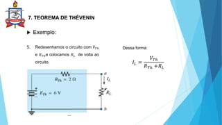7. TEOREMA DE THÉVENIN
 Exemplo:
5. Redesenhamos o circuito com 𝑉𝑇ℎ
e 𝑅𝑇ℎe colocamos 𝑅𝐿 de volta ao
circuito.
Dessa forma:
𝐼𝐿 =
𝑉𝑇ℎ
𝑅𝑇ℎ +𝑅𝐿
 