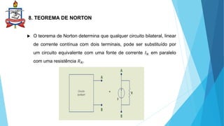 8. TEOREMA DE NORTON
 O teorema de Norton determina que qualquer circuito bilateral, linear
de corrente contínua com dois terminais, pode ser substituído por
um circuito equivalente com uma fonte de corrente 𝐼𝑁 em paralelo
com uma resistência 𝑅𝑁.
 