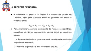 8. TEOREMA DE NORTON
 A resistência do gerador de Norton é a mesma do gerador de
Thévenin, logo, pela dualidade entre os geradores de tensão e
corrente, temos:
 Para determinar a corrente equivalente de Norton e a resistência
equivalente de Norton corretamente, vamos seguir os seguintes
passos:
1 - Remova do circuito a parte que será transformada no circuito
equivalente de Norton;
2 - Assinale os pontos a e b do restante do circuito;
𝑅𝑇ℎ = 𝑅𝑁 𝑉𝑇ℎ = 𝑅𝑁 × 𝐼𝑁
 