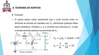 8. TEOREMA DE NORTON
 Exemplo:
 O quarto passo indica claramente que o curto circuito entre os
terminais a e b está em paralelo com 𝑅2, eliminando qualquer efeito
desta resistência. Portanto, 𝐼𝑁 é a corrente que atravessa 𝑅1 e toda
a tensão da fonte aparece nos terminais de 𝑅1.
𝑉2 = 𝐼2𝑅2 = 0 6𝛺 = 0𝑉
𝐼𝑁 =
𝐸
𝑅1
=
9𝑉
3𝛺
= 3𝐴
 