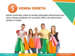 VENDA DIRETA
Ganhe comissões sobre as vendas efetuadas diretamente por
você, compre produtos em seu back office com desconto e
venda no varejo.

17

 