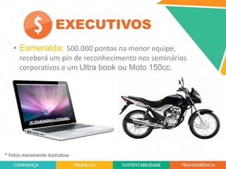EXECUTIVOS
• Esmeralda: 500.000 pontos na menor equipe,
receberá um pin de reconhecimento nos seminários
corporativos e um Ultra book ou Moto 150cc.

* Fotos meramente ilustrativa

 
