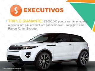 EXECUTIVOS
• TRIPLO DIAMANTE: 22.000.000 pontos na menor equipe,
receberá: um pin, um anel, um par de brincos – cônjuge e uma
Range Rover Evoque.

 
