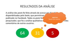 RESULTADOS DA ANÁLISE
A análise dos posts foi feita através do acesso aos hiperlinks
disponibilizados pelo Seekr, que permitiram o acesso direto ao post
publicado no Facebook. Todos os posts foram acessados pelo
pesquisador, que fez a análise qualitativa da mensagem principal e dos
comentários de outros usuários.
64 31 5
OBJETIVO
Reação dos usuários
 