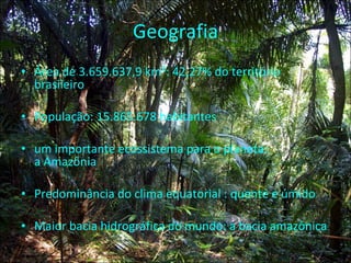 Geografia Área de 3.659.637,9 km²: 42,27% do território brasileiro População: 15.865.678 habitantes um importante ecossistema para o planeta: a Amazônia Predominância do clima equatorial : quente e úmido Maior bacia hidrográfica do mundo: a bacia amazônica 