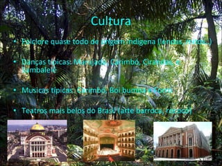 Cultura Folclore quase todo de origem indígena (lendas, mitos..) Danças típicas: Marujada, Carimbó, Cirandas, e Sambalelê Musicas típicas: Carimbó, Boi bumba e Forró Teatros mais belos do Brasil (arte barroca, rococó)   