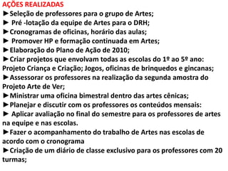 AÇÕES REALIZADAS►Seleção de professores para o grupo de Artes;► Pré -lotação da equipe de Artes para o DRH; ►Cronogramas de oficinas, horário das aulas;► Promover HP e formação continuada em Artes;►Elaboração do Plano de Ação de 2010;►Criar projetos que envolvam todas as escolas do 1º ao 5º ano: Projeto Criança e Criação; Jogos, oficinas de brinquedos e gincanas;►Assessorar os professores na realização da segunda amostra do Projeto Arte de Ver;►Ministrar uma oficina bimestral dentro das artes cênicas;►Planejar e discutir com os professores os conteúdos mensais:► Aplicar avaliação no final do semestre para os professores de artes na equipe e nas escolas.►Fazer o acompanhamento do trabalho de Artes nas escolas de acordo com o cronograma►Criação de um diário de classe exclusivo para os professores com 20 turmas;