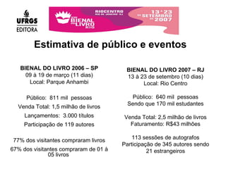 Estimativa de público e eventos BIENAL DO LIVRO 2006 – SP 09 à 19 de março (11 dias) Local: Parque Anhambi Público:  811 mil  pessoas Venda Total: 1,5 milhão de livros Lançamentos:  3.000 títulos Participação de 119 autores 77% dos visitantes compraram livros 67% dos visitantes compraram de 01 à 05 livros  BIENAL DO LIVRO 2007 – RJ 13 à 23 de setembro (10 dias) Local: Rio Centro Público:  640 mil  pessoas Sendo que 170 mil estudantes Venda Total: 2,5 milhão de livros Faturamento: R$43 milhões 113 sessões de autografos Participação de 345 autores sendo 21 estrangeiros 