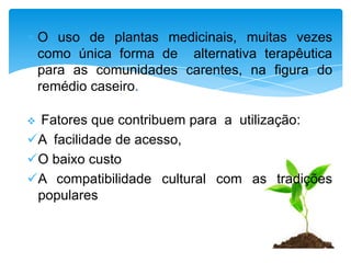 O uso de plantas medicinais, muitas vezes
    como única forma de alternativa terapêutica
    para as comunidades carentes, na figura do
    remédio caseiro.

Fatores que contribuem para a utilização:
A facilidade de acesso,
O baixo custo
A compatibilidade cultural com as tradições
 populares
 