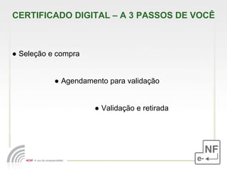 CERTIFICADO DIGITAL – A 3 PASSOS DE VOCÊ ●  Seleção e compra ●  Agendamento para validação ●  Validação e retirada  