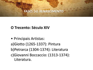 O Trecento: Século XIV
• Principais Artistas:
a)Giotto (1265-1337): Pintura
b)Petrarca (1304-1374): Literatura
c)Giovanni Boccaccio: (1313-1374):
Literatura.
FASES DO RENASCIMENTO
 
