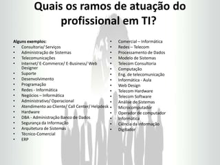 Quais os ramos de atuação do
profissional em TI?
Alguns exemplos:
• Consultoria/ Serviços
• Administração de Sistemas
• Telecomunicações
• Internet/ E-Commerce/ E-Business/ Web
Designer
• Suporte
• Desenvolvimento
• Programação
• Redes - Informática
• Negócios – Informática
• Administrativo/ Operacional
• Atendimento ao Cliente/ Call Center/ Helpdesk
• Hardware
• DBA - Administração Banco de Dados
• Segurança da Informação
• Arquitetura de Sistemas
• Técnico-Comercial
• ERP
• Comercial – Informática
• Redes – Telecom
• Processamento de Dados
• Modelo de Sistemas
• Telecom Consultoria
• Computação
• Eng. de telecomunicação
• Informática - Aula
• Web Design
• Telecom Hardware
• Telecom Software
• Análise de Sistemas
• Microcomputador
• Operador de computador
• Informática
• Ciência da informação
• Digitador
 
