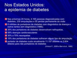Nos Estados Unidos: a epidemia de diabetes Nas próximas 24 horas, 4.100 pessoas diagnosticadas com diabetes, 230 amputações e 55 perdas permanente da visão 8 milhões de portadores de diabetes com diagnóstico da doença e outros tantos sem diagnóstico (1996);  35% dos portadores de diabetes desenvolvem nefropatias,  58% doenças cardiovasculares  30% a 70% neuropatias 15% dos portadores de diabetes sofreram algum tipo de amputação  portador de diabetes custa anualmente 11.157 dólares vs 2.604 dólares para não portadores de diabetes  (Vinicor F., 2006 e Barr et al., 1996) 