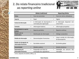 O Reporting Online: caracterização
                                                                                       das práticas das empresas
    2. Do relato financeiro tradicional                                                     integrantes do PSI20


        ao reporting online
                                            Relato tradicional               Reporting Online
       Ênfase                      •     Foco nos acionistas          •   Foco nos vários utilizadores

       Suporte                     •     Papel                        •   Digital
                                   •     A informação de desempenho é •   A informação disponível tem
       Fontes de informação
                                         controlada pela organização      várias fontes

       Contexto                    •     Informação histórira         •   Informação prospetiva
       Periodicidade do reporte
                                   •     Reporte periódico            •   Reporte contínuo
       (relato)
       Relação com os
                                   •     Distribuição da informação   •   Diálogo corporativo
       stakeholders
                                                                      •   Leque variado de informação
       Âmbito da informação        •     Demonstrações Financeiras
                                                                          de desempenho

       Âmbito da divulgação da
                                   •     De âmbito nacional           •   De âmbito global
       informação financeira

       Interatividade              •     Modelo estático              •   Modelo dinâmico
       Destinatários da            •     Preparado com base na        •   Satisfação da procura dos
       informação financeira             orientação dos reguladores       mercados
       Fonte: adaptado de (ICAEW, 1998, p. 3)


DEZEMBRO 2011                                        Paulo Tavares                                             7
 