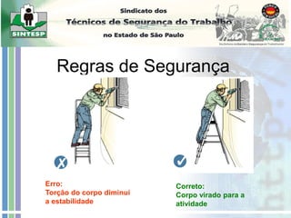 Escadas
Regras de Segurança
Correto:
Corpo virado para a
atividade
Erro:
Torção do corpo diminui
a estabilidade
 
