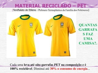 MATERIAL RECICLADO – PET

(Tereftalato de Etileno - Polímero Termoplástico da Família dos Poliésteres)

QUANTAS
GARRAFA
S FAZ
UMA
CAMISA?.

Cada uma leva até oito garrafas PET na composição e é
100% reciclável. Diminui até 30% o consumo de energia...

 