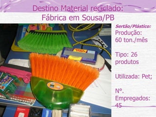 Destino Material reciclado:
Fábrica em Sousa/PB
Sertão/Plástico:

Produção:
60 ton./mês
Tipo: 26
produtos

Utilizada: Pet;
N°.
Empregados:
45

 
