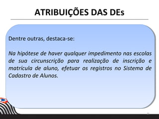 25
ATRIBUIÇÕES DAS DEs
Dentre outras, destaca-se:
Na hipótese de haver qualquer impedimento nas escolas
de sua circunscrição para realização de inscrição e
matrícula de aluno, efetuar os registros no Sistema de
Cadastro de Alunos.
 